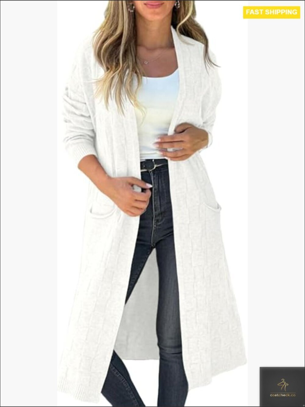 Oversized Open Front Checkerboard Knit Cardigan Sweater with Pockets Long Length